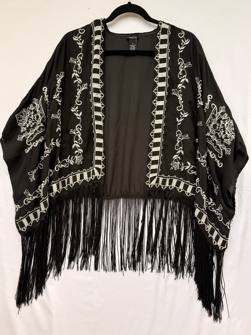 Rue21 Black Boho Embroidered Kimono Fringe Open Front Festival Size M - Picture 2 of 4
